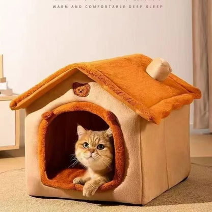 Warm dog house style bed for small pets, removable washable coral fleece house bed for winter comfort