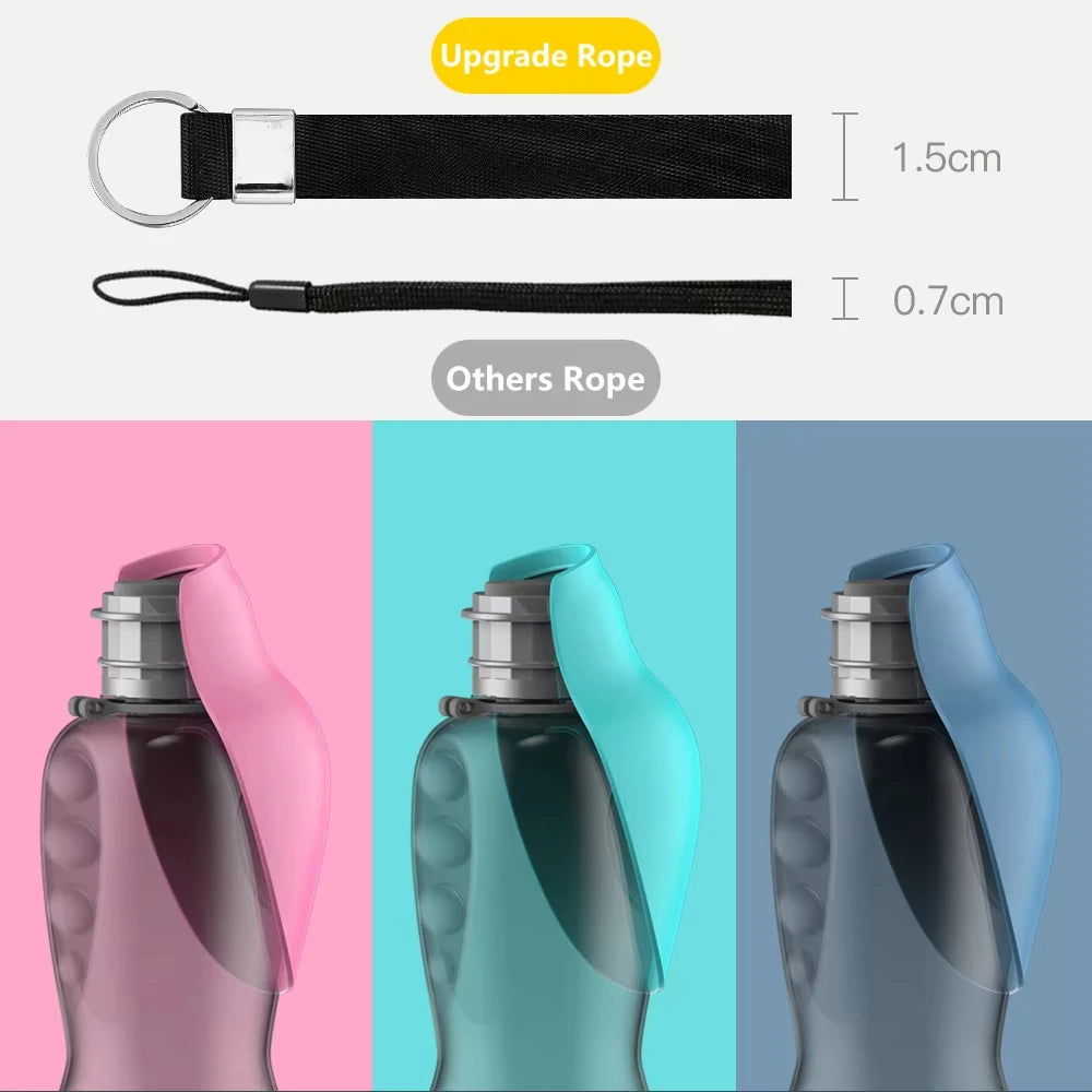 Portable dog water bottle with upgrade rope, leakproof foldable bowl design, 800ml capacity for outdoor travel