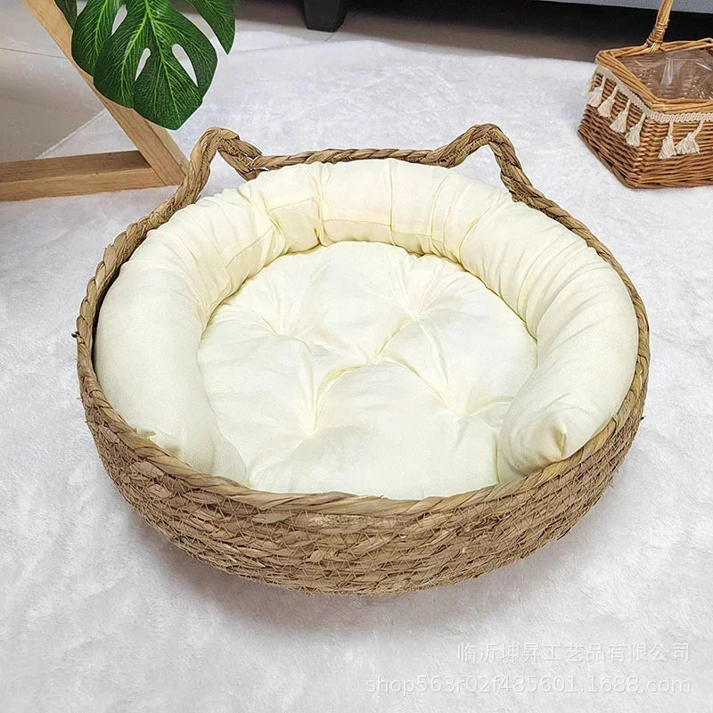 rattan cat basket bed with soft cushion, round donut design, cozy warm sleeping nest for cats and small dogs, color A2