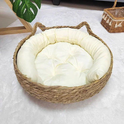 rattan cat basket bed with soft cushion, round donut design, cozy warm sleeping nest for cats and small dogs, color A2
