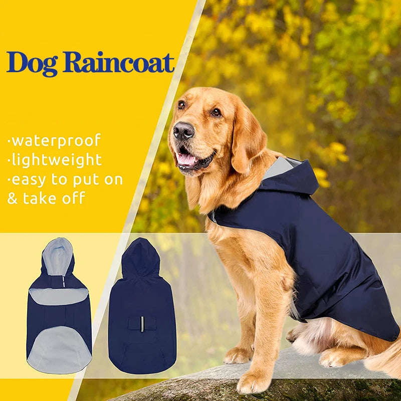 Golden retriever wearing navy blue waterproof dog raincoat with hood, outdoor setting