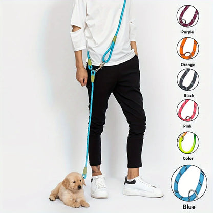 Person walking a golden retriever puppy with a blue hands-free dog leash, various color options shown.