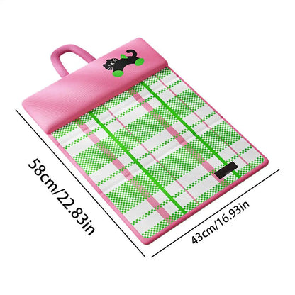 Green and pink double sided cooling pet mat with headrest, foldable waterproof breathable plaid bed for cats and dogs, 58x43cm