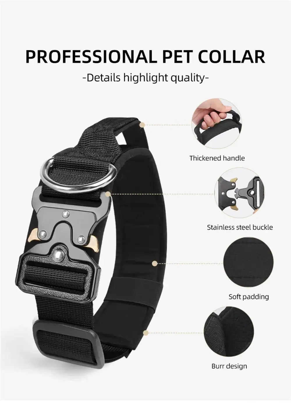 Professional tactical dog collar for medium to large dogs with thickened handle, padded comfort, and stainless steel buckle
