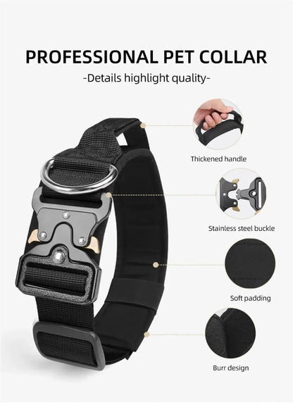 Professional tactical dog collar for medium to large dogs with thickened handle, padded comfort, and stainless steel buckle