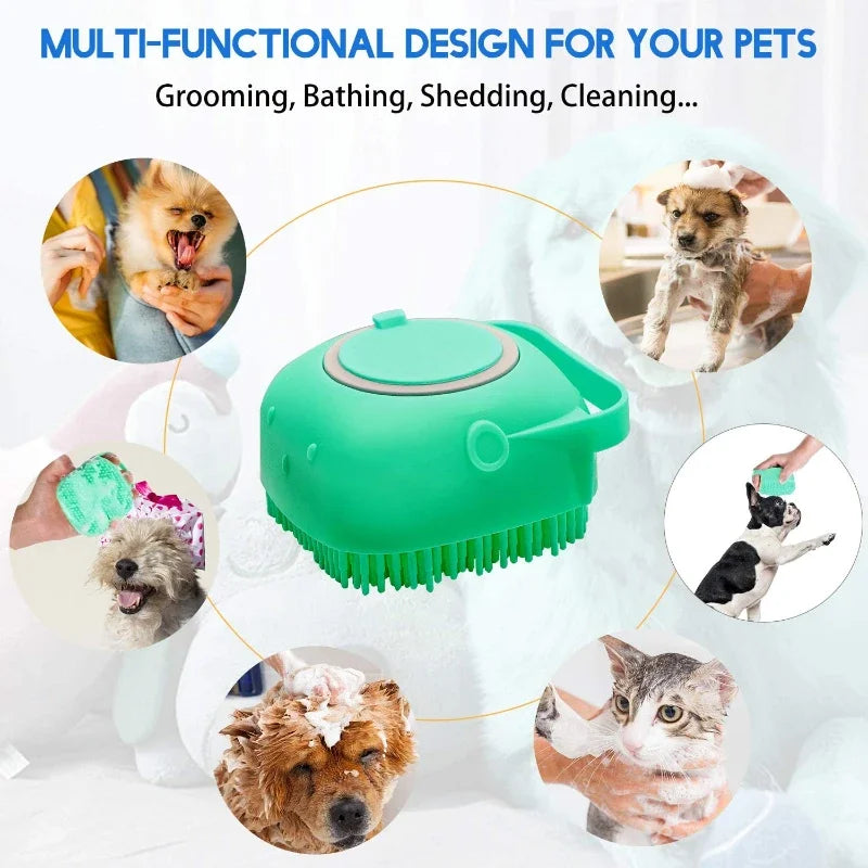Silicone dog shampoo brush for grooming, bathing, and cleaning pets with multi-functional design.