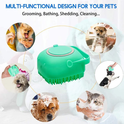Silicone dog shampoo brush for grooming, bathing, and cleaning pets with multi-functional design.