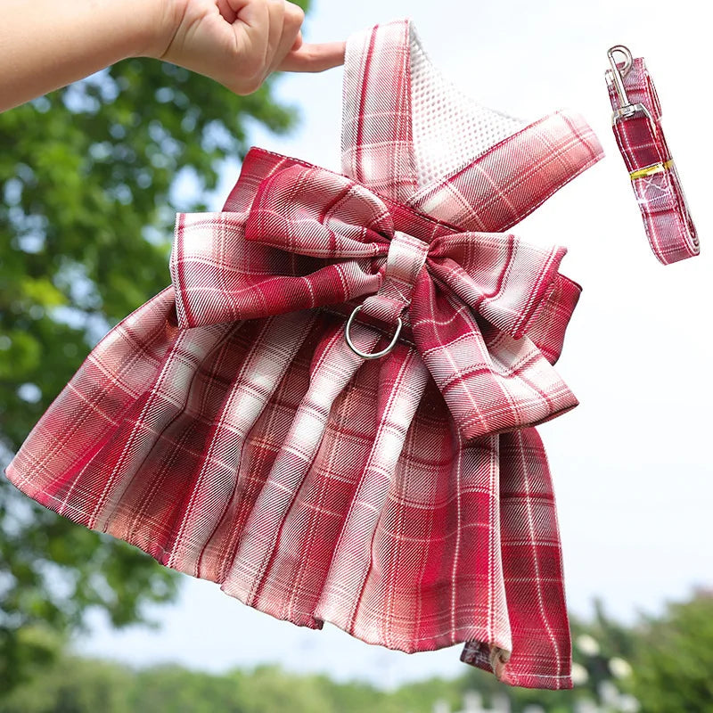 plaid pet dress with leash, wine red bow puppy cat dress set, summer nylon JK clothing for small dogs and kittens