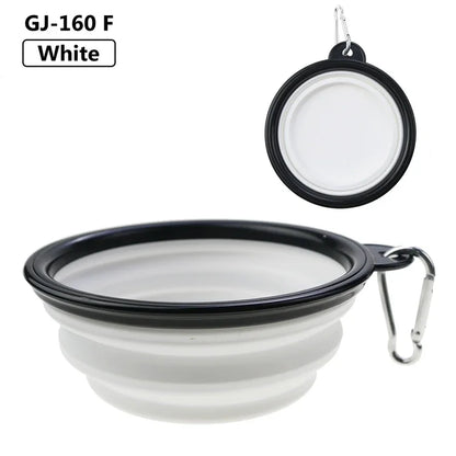 White collapsible pet travel bowl for cats and dogs, silicone portable outdoor water and food bowl with carabiner