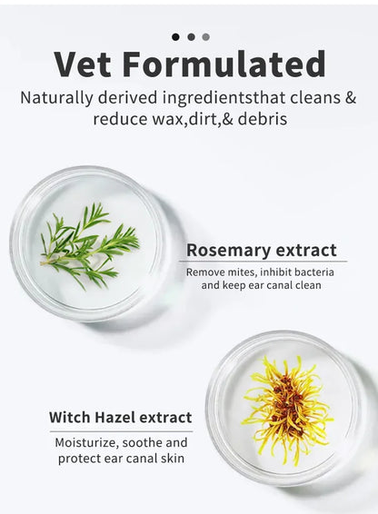 Vet formulated dog ear cleaning ingredients with rosemary and witch hazel extracts in glass dishes.