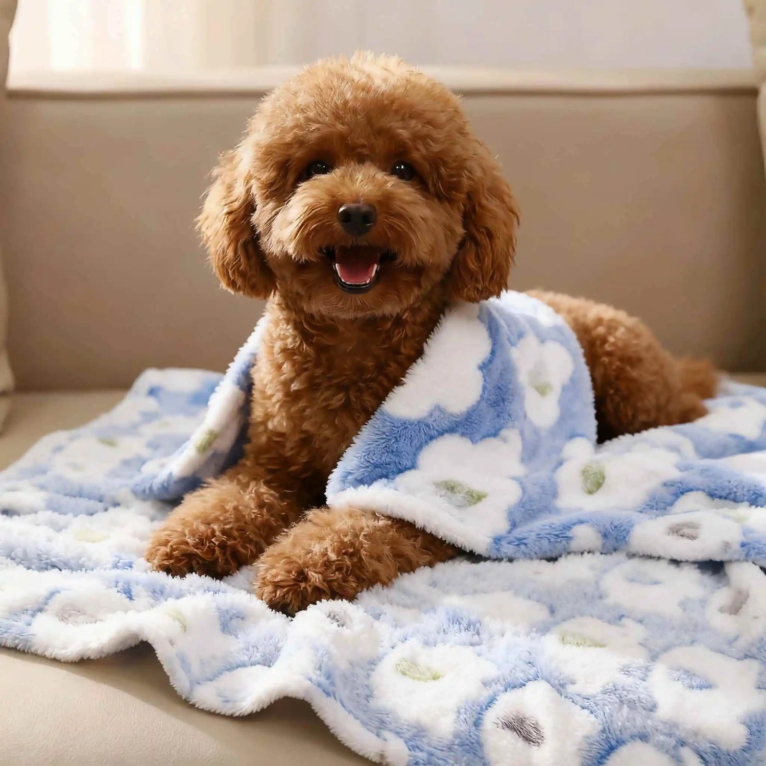 soft dog blanket on a cozy fluffy pet bed mat with a cute dog wrapped in a plush reversible blanket