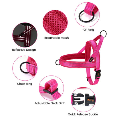 Reflective no pull dog harness pink nylon vest with breathable mesh, adjustable neck, chest ring, quick release buckle