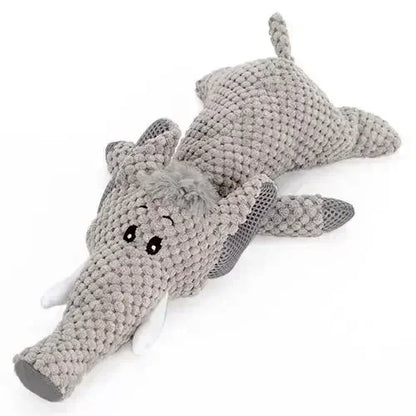 Plush grey elephant dog toy with textured fabric and embroidered face, for pet playtime