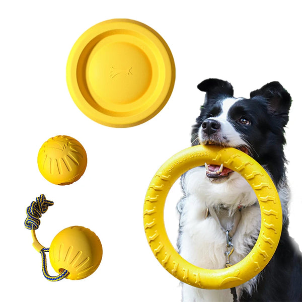 EVA durable dog toys chew-proof set including a flying disc, ball, and tug rope for dogs.
