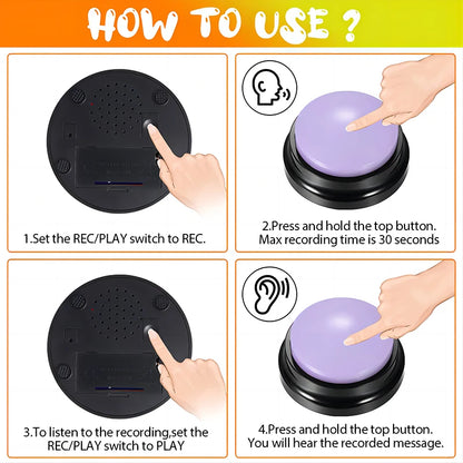 Step-by-step guide showing how to record and play messages on a dog talking button with hand illustrations.