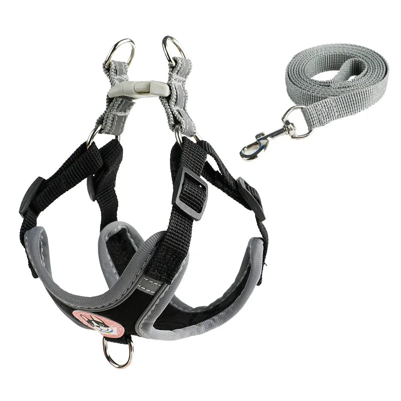 adjustable small dog harness leash set gray buckskin buckle leash breathable pet walking strap animal pattern