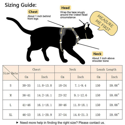 reflective cat harness and leash set sizing guide for chest neck and leash length measurements for small cats