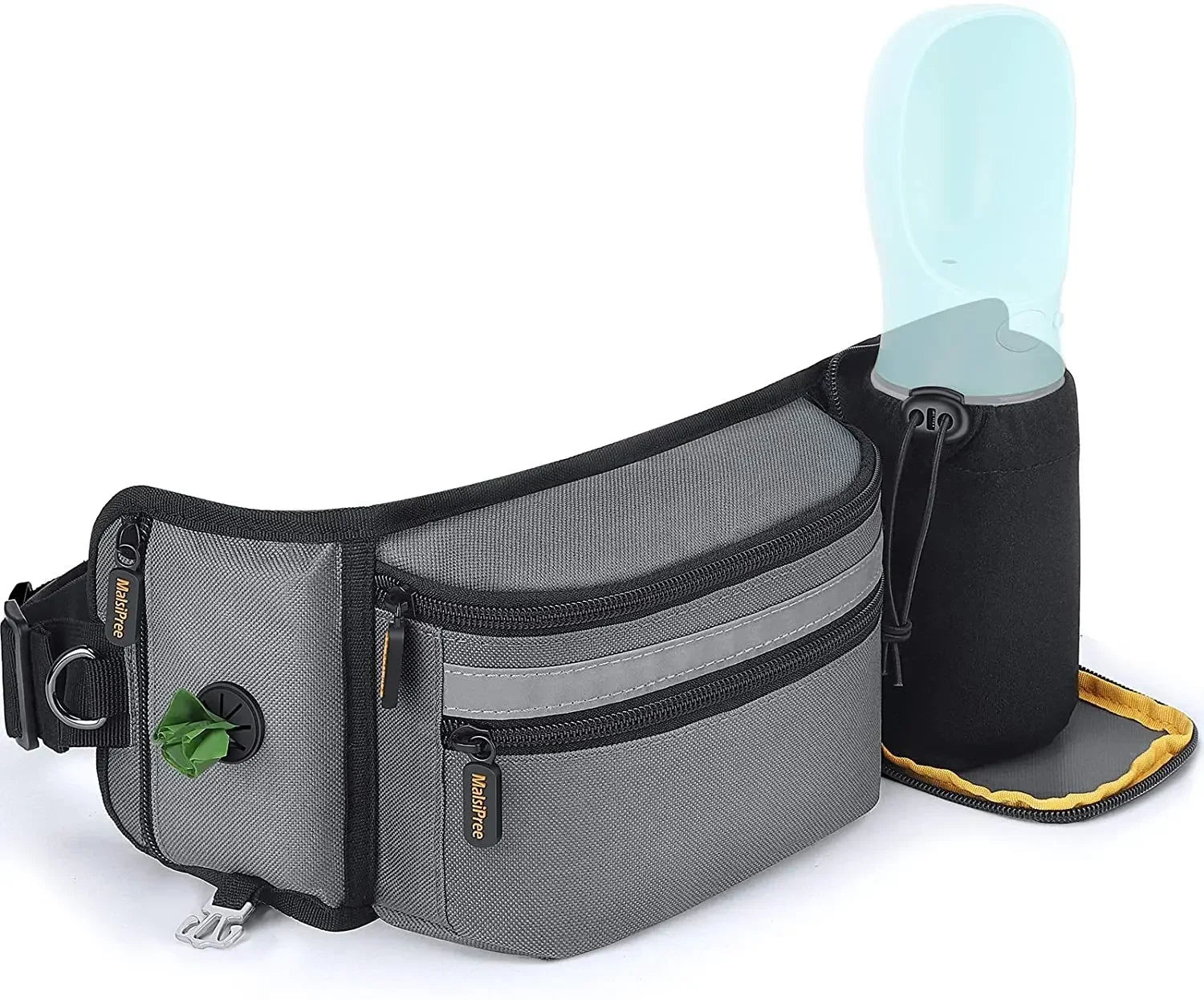 Gray dog walking waist bag with treat pouch, poop bag dispenser, water bottle holder