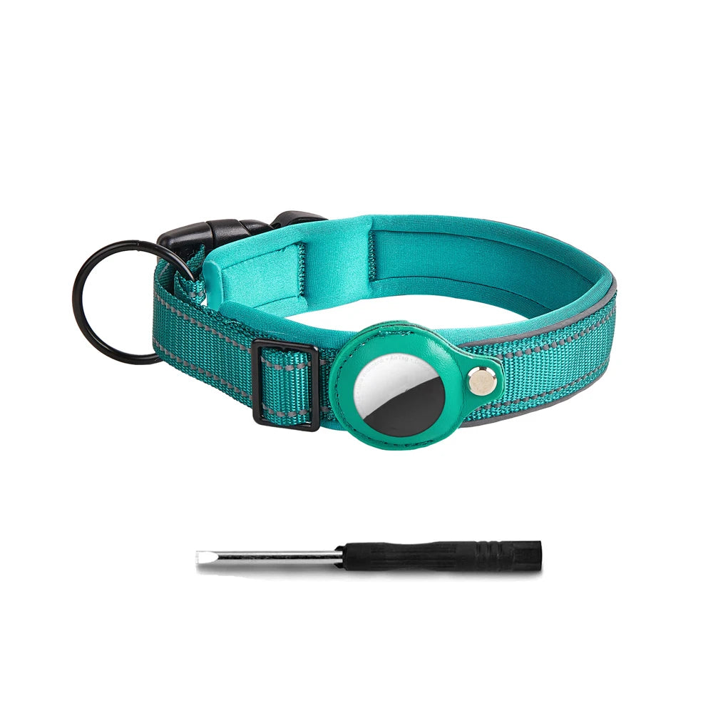 Teal adjustable dog collar with attached tracker holder and small screwdriver