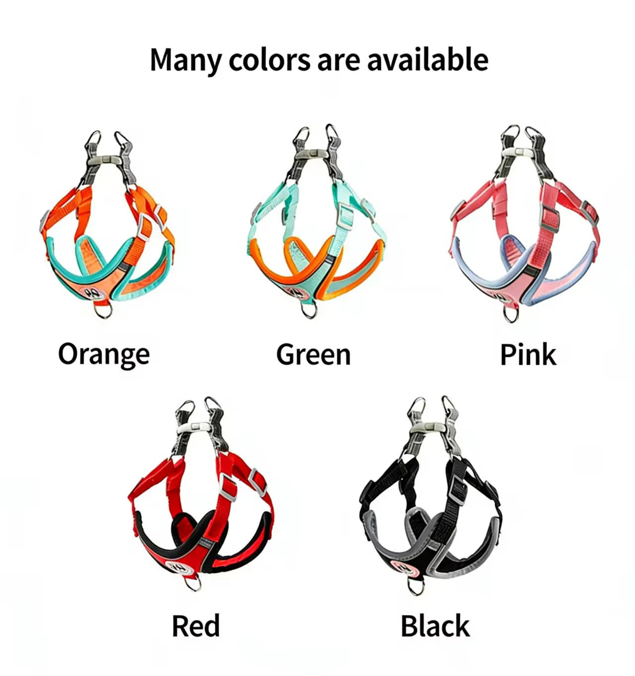 adjustable small dog harness leash set in orange, green, pink, red, and black for small dogs