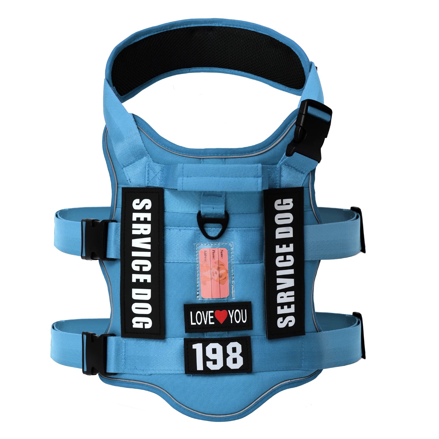 Blue service dog vest harness with adjustable straps, patches, and ID holder
