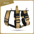 Khaki adjustable dog harness with padded straps and metal rings, isolated on white background