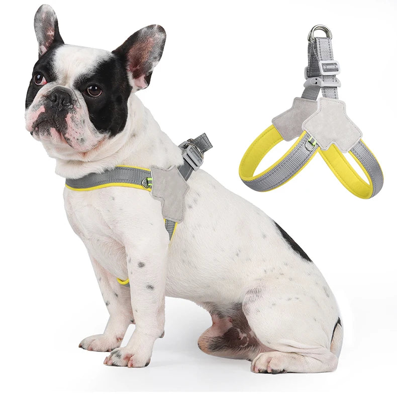 French Bulldog wearing a gray and yellow dog harness, with harness detail shown separately