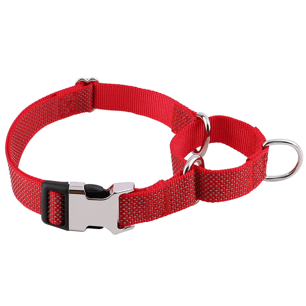 Red reflective nylon dog collar with handle for small to large dogs, adjustable and durable for training and walking