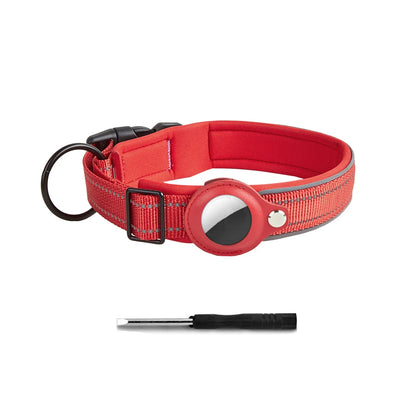 Red reflective dog collar with built-in tracker holder and included small screwdriver
