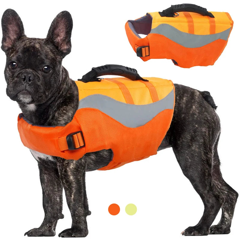 reflective dog life jacket for boating and swimming, orange pet flotation vest with rescue handle and leash ring