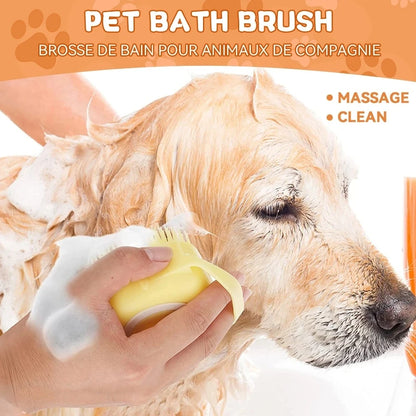 dog bathing brush with shampoo dispenser for pet grooming, massaging rubber bristles, easy soap dispensing, ideal for dogs and cats