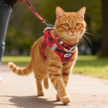 Plaid pet leash set for cats and dogs, red plaid harness and leash on an orange cat walking outdoors
