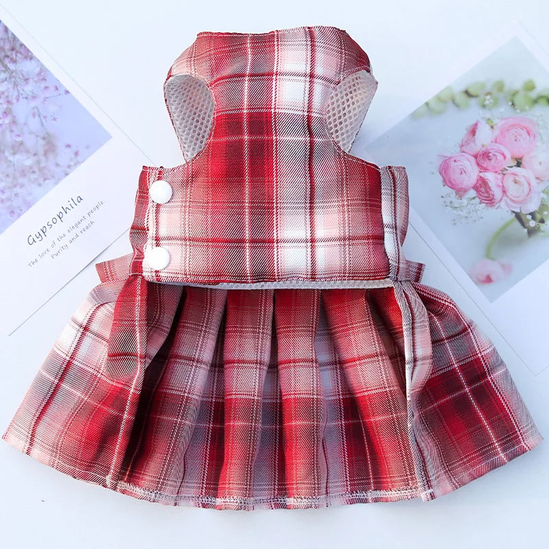 Red plaid pet dress with leash for small dogs and cats, summer JK-style clothing with pleated skirt