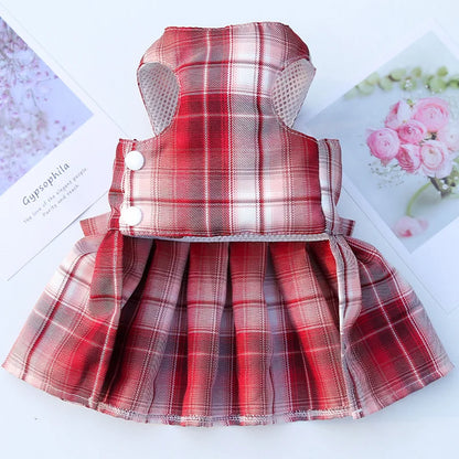 Red plaid pet dress with leash for small dogs and cats, summer JK-style clothing with pleated skirt