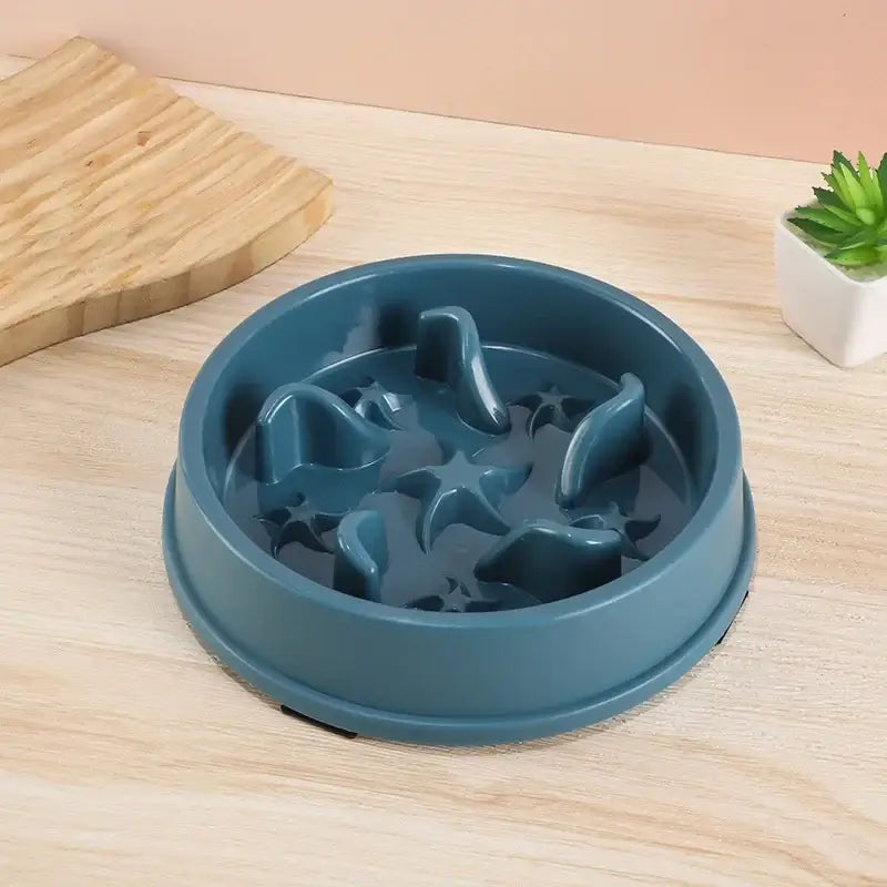 Blue slow feeder pet bowl for small dogs and cats, anti-slip anti-tip plastic food dish to prevent choking