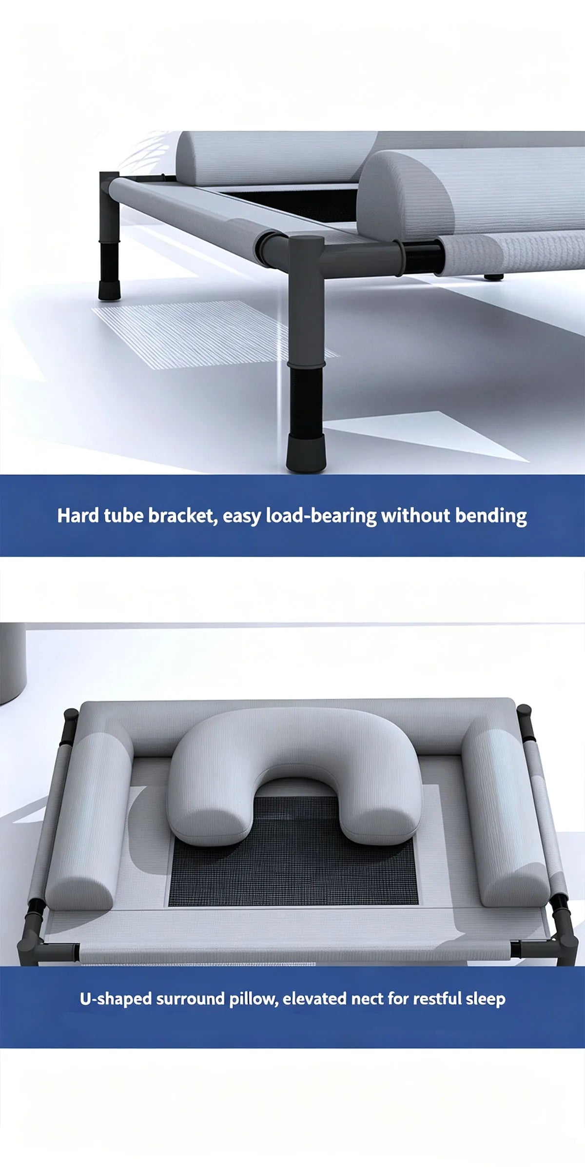 elevated cooling dog cot bed with U-shaped pillow and sturdy hard tube frame for breathable indoor outdoor pet rest