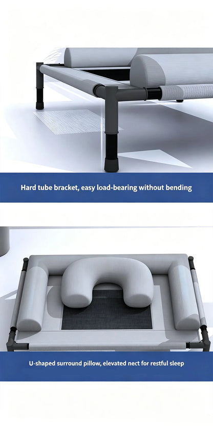 elevated cooling dog cot bed with U-shaped pillow and sturdy hard tube frame for breathable indoor outdoor pet rest