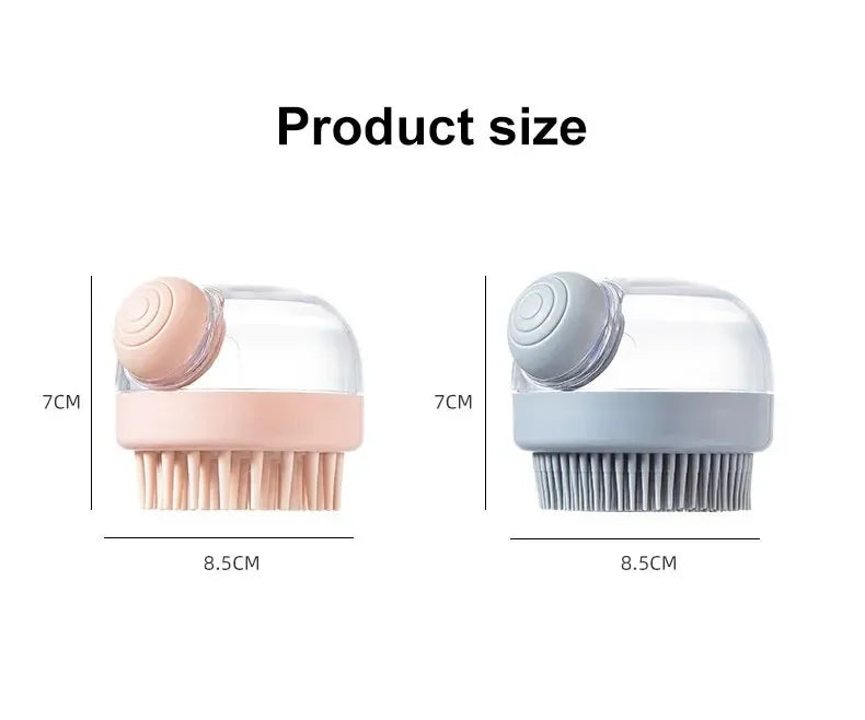 dog shower brush with shampoo dispenser product size image showing 7cm height and 8.5cm width for pet grooming brush