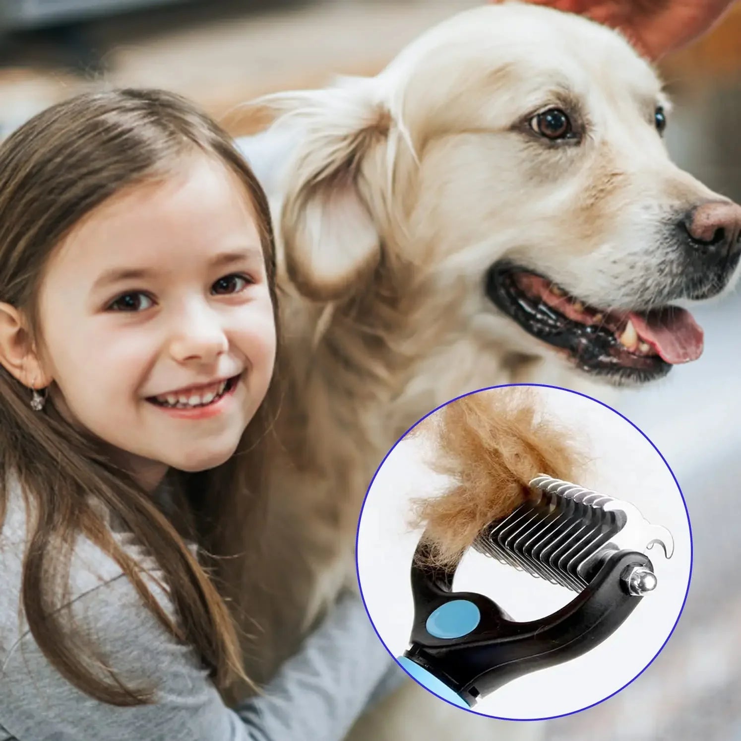 dog deshedding brush for pet hair removal with girl and golden retriever, stainless steel grooming comb