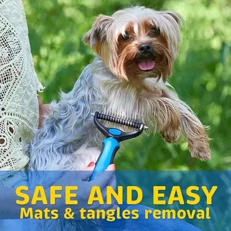 Self cleaning pet deshedding brush for dog grooming, safe mats and tangles removal, hair remover tool