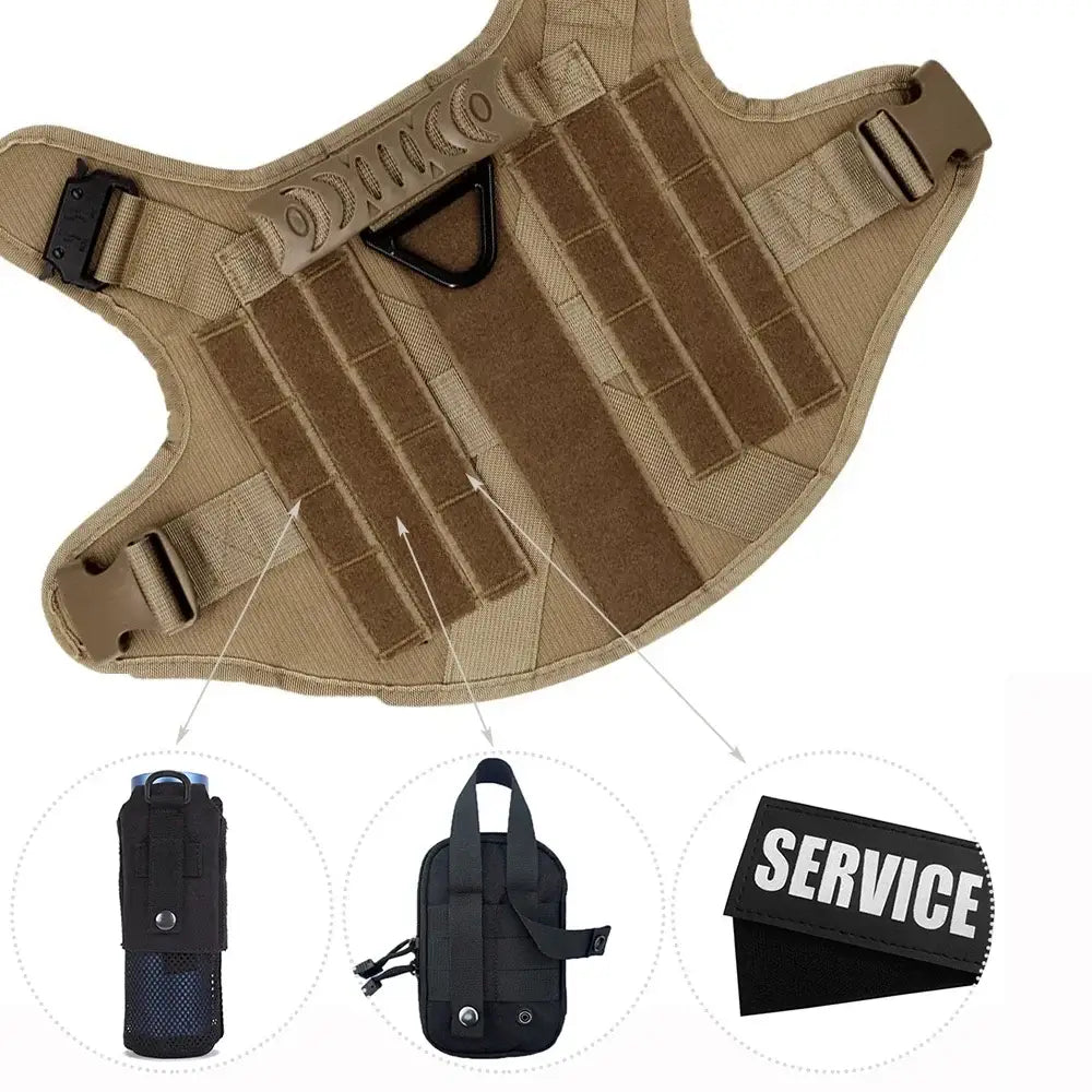 tactical dog harness for military-style training, adjustable fit, padded support, and durable nylon for large dogs