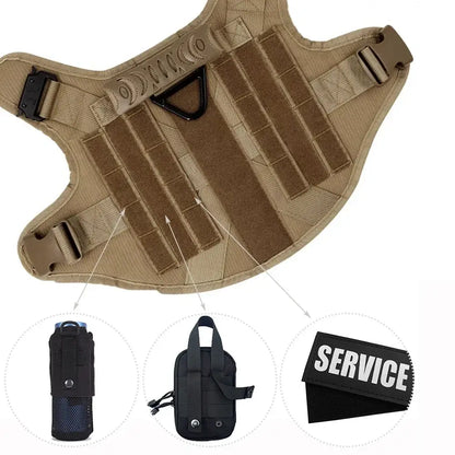 tactical dog harness for military-style training, adjustable fit, padded support, and durable nylon for large dogs