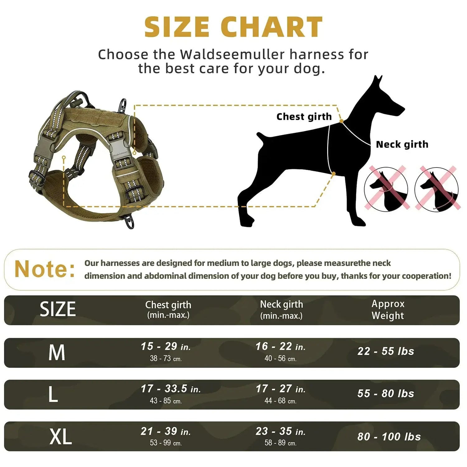tactical no pull dog harness size chart for medium large dogs with chest and neck girth measurements