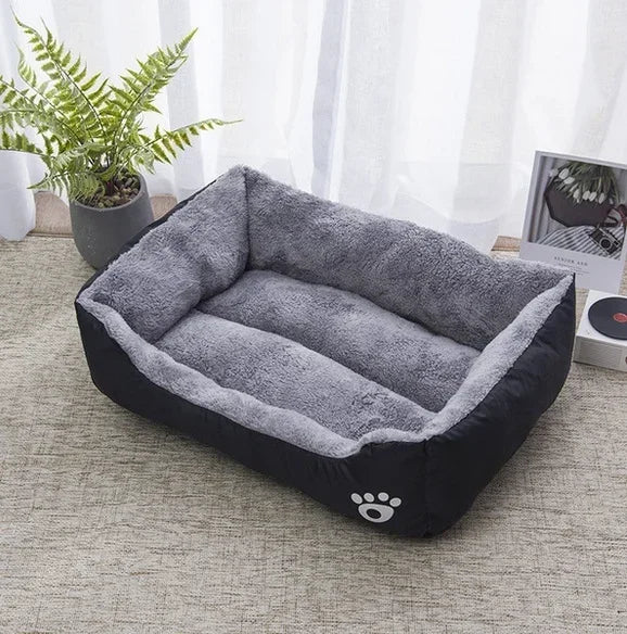 Large dog bed house for dogs and cats, soft gray plush square kennel with black base, cozy washable pet nest