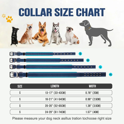 heavy duty tactical dog collar size chart for small to extra large dogs with length and width measurements