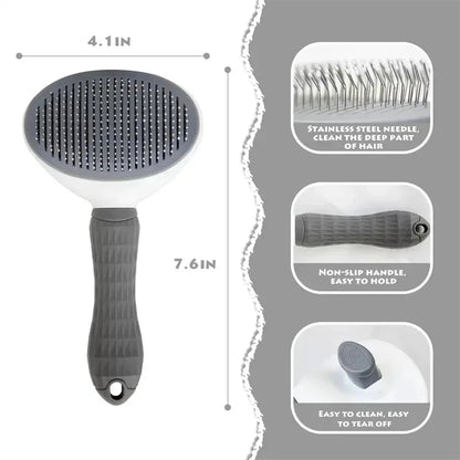 Gray dog grooming brush with stainless steel bristles, non-slip handle, and size details