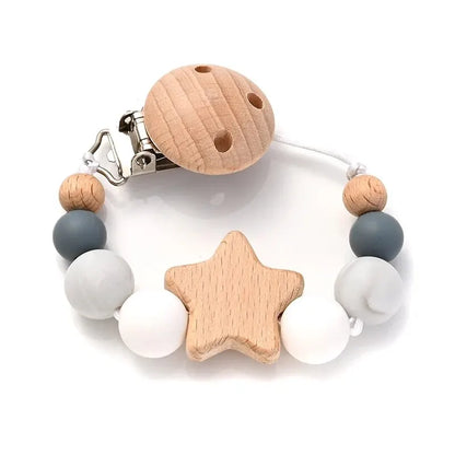 wooden pacifier clip teether, Color 2 wooden baby pacifier chain with star bead, round silicone beads, 0-24m