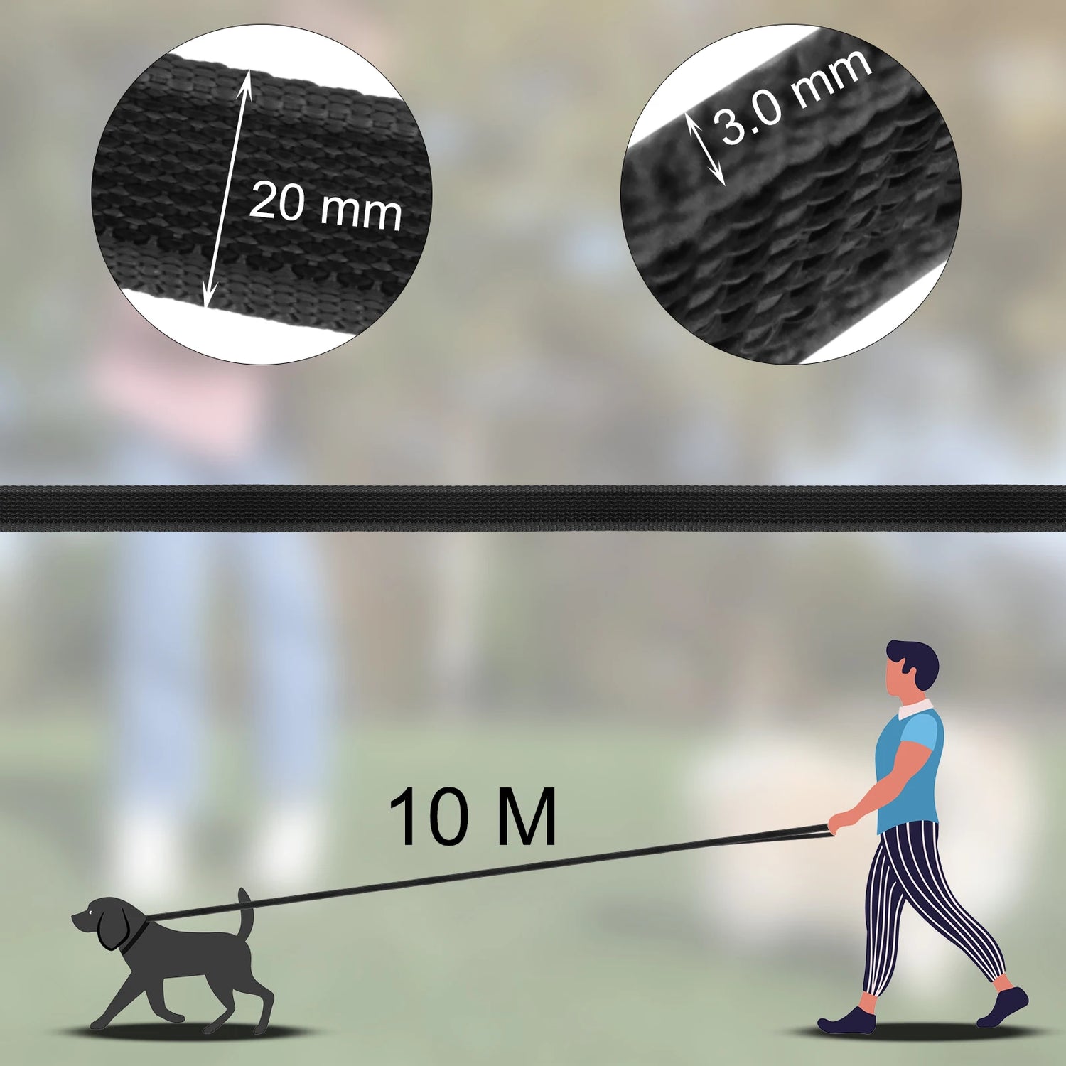 10M long dog training leash, 20mm wide, 3.0mm thick, durable latex silk basic leash for easy dog training