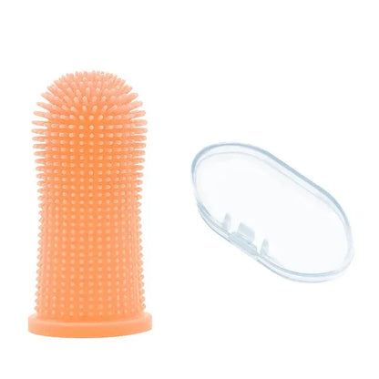 Orange silicone finger toothbrush for dogs with storage case, 360° pet teeth cleaning brush