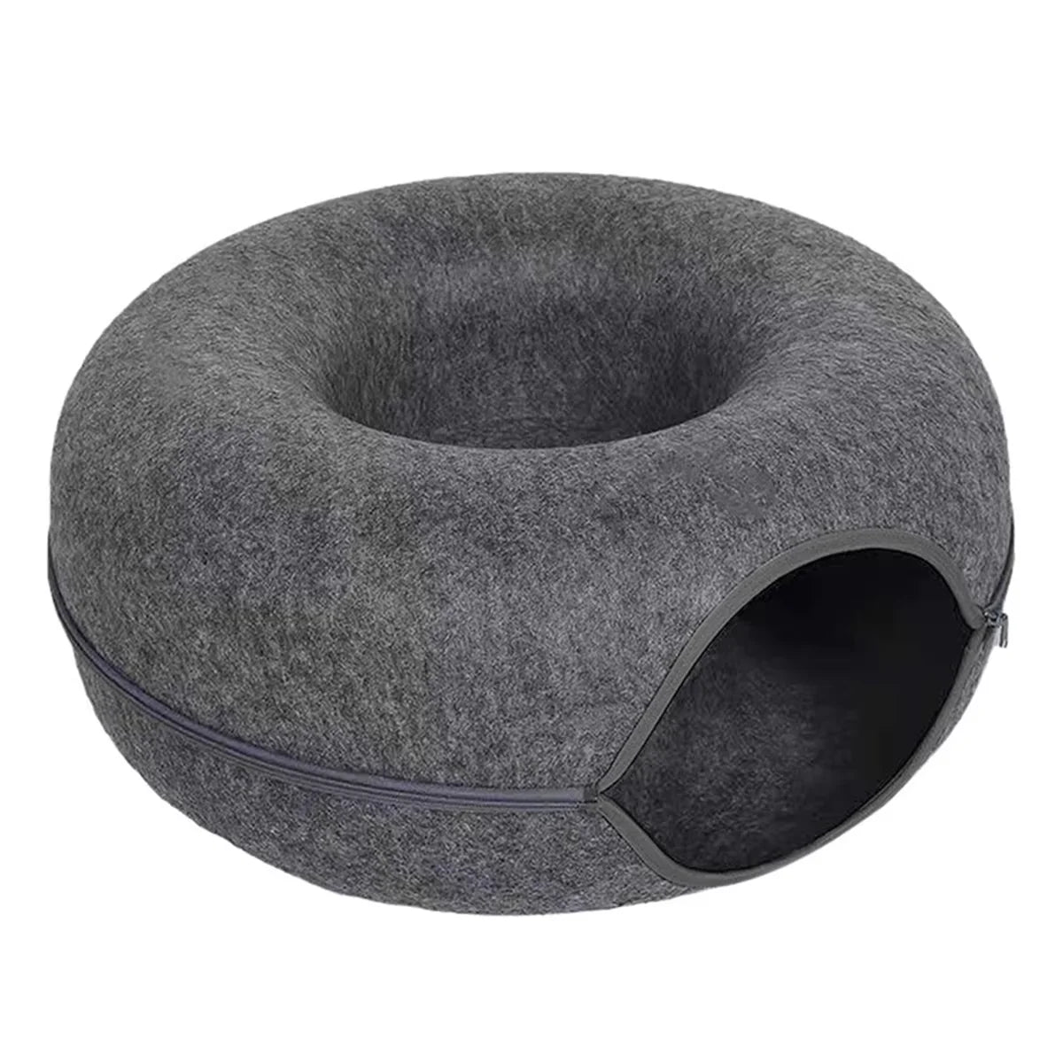 Dark gray round cat tunnel bed with donut nest design, cozy felt sleeping cushion, cat house, and scratcher for kittens